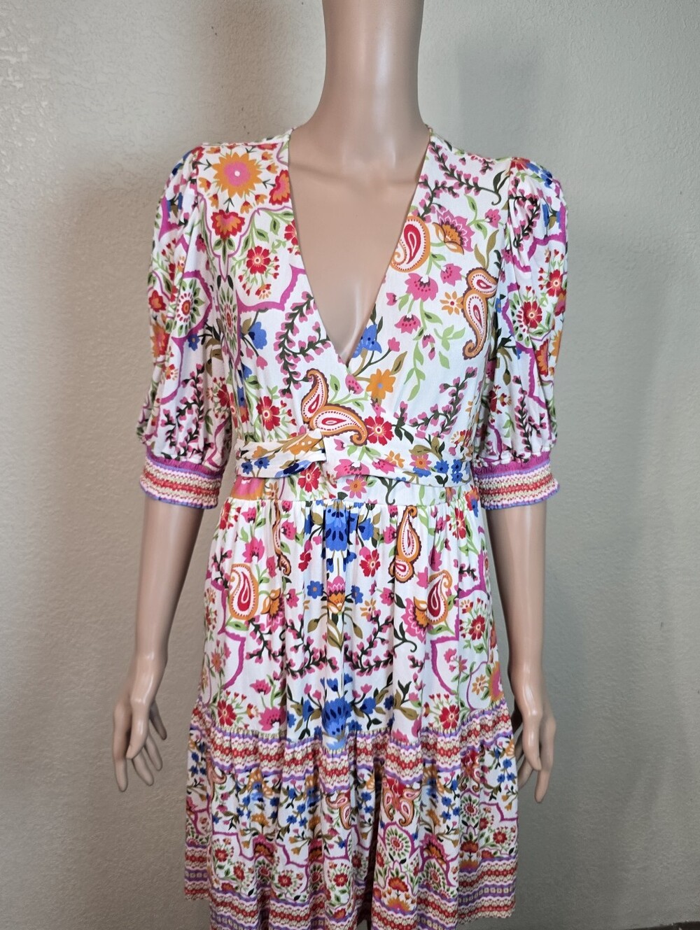 Hale Bob Women's Medium Floral Paisley V-Neck Boho Dress 3/4 Sleeve Medium - Picture 12 of 12
